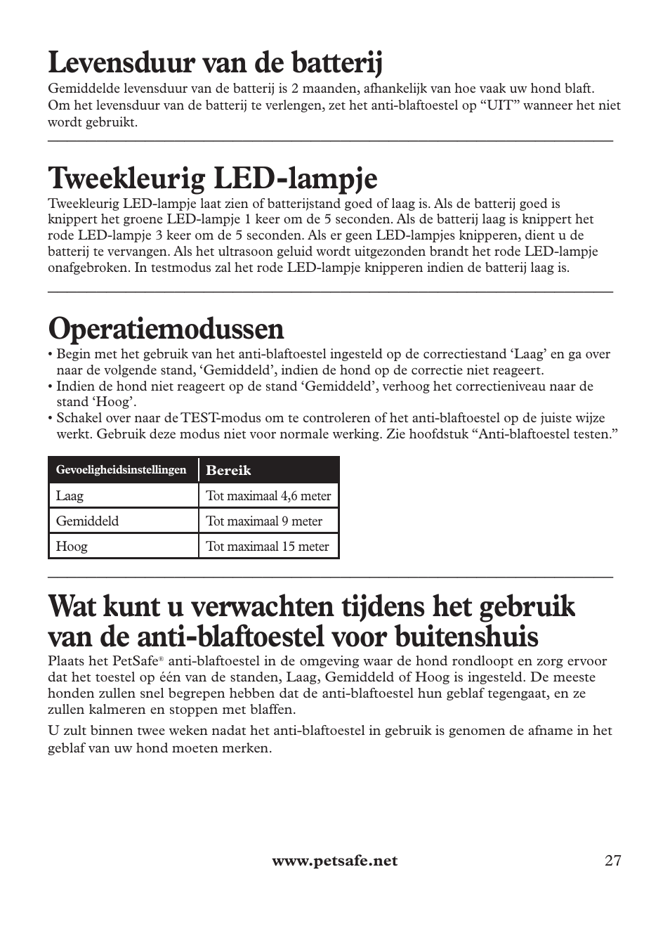 Levensduur van de batterij, Tweekleurig led-lampje, Operatiemodussen | Petsafe Outdoor Bark Control User Manual | Page 27 / 72