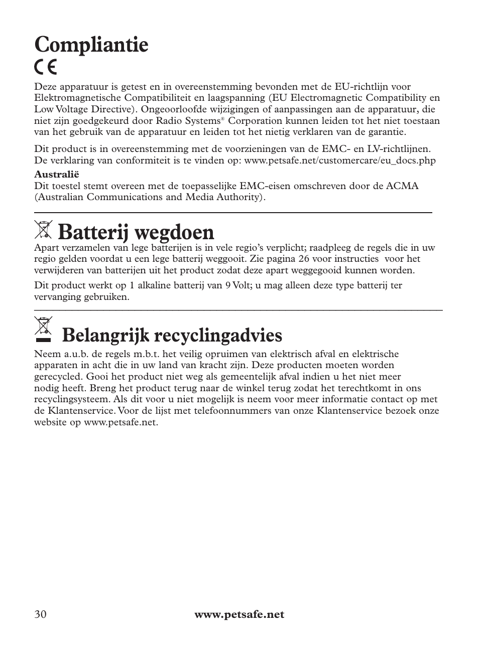 Compliantie, Batterij wegdoen, Belangrijk recyclingadvies | Petsafe Outdoor Bark Control User Manual | Page 30 / 72