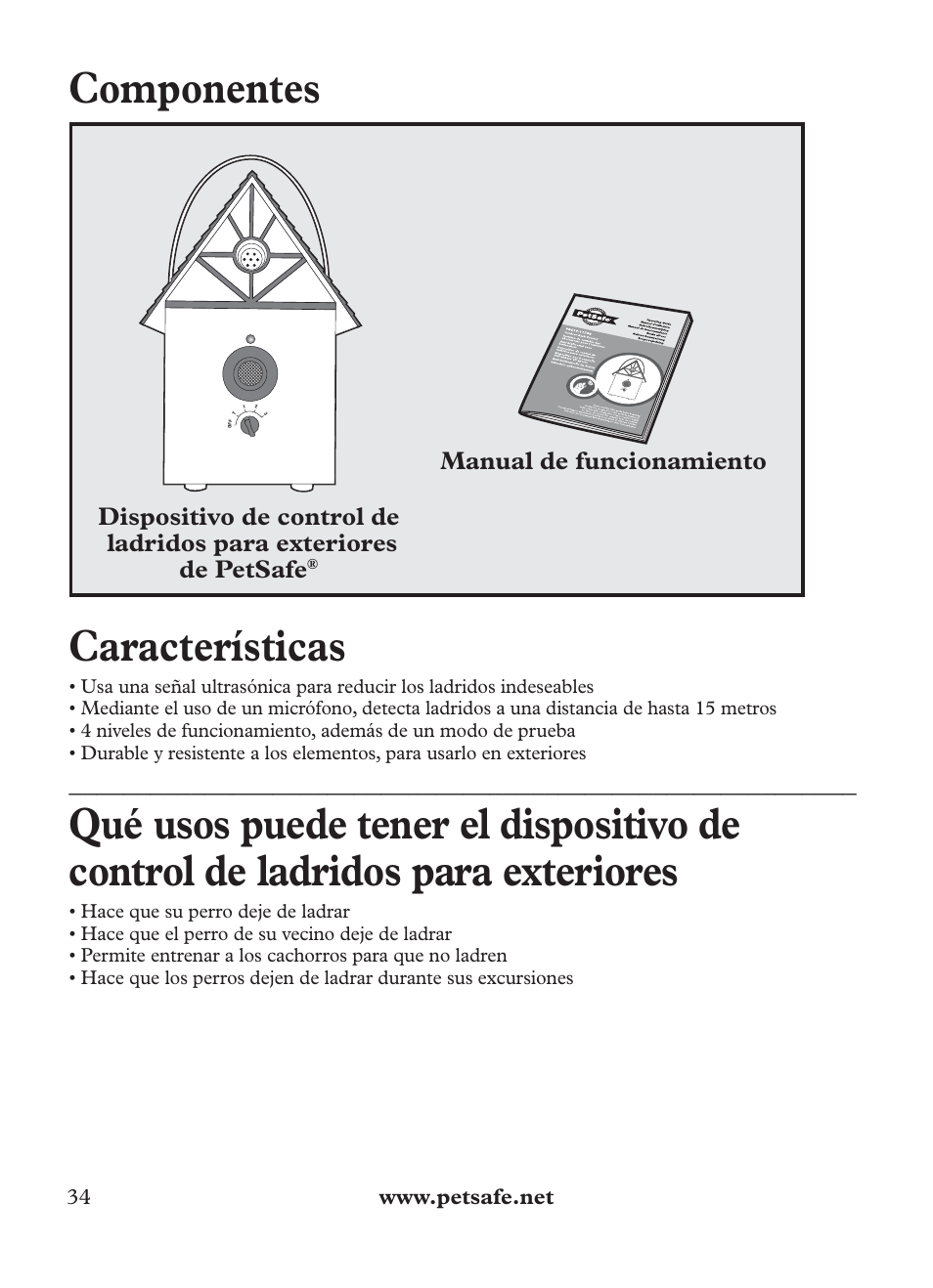 Componentes, Características | Petsafe Outdoor Bark Control User Manual | Page 34 / 72