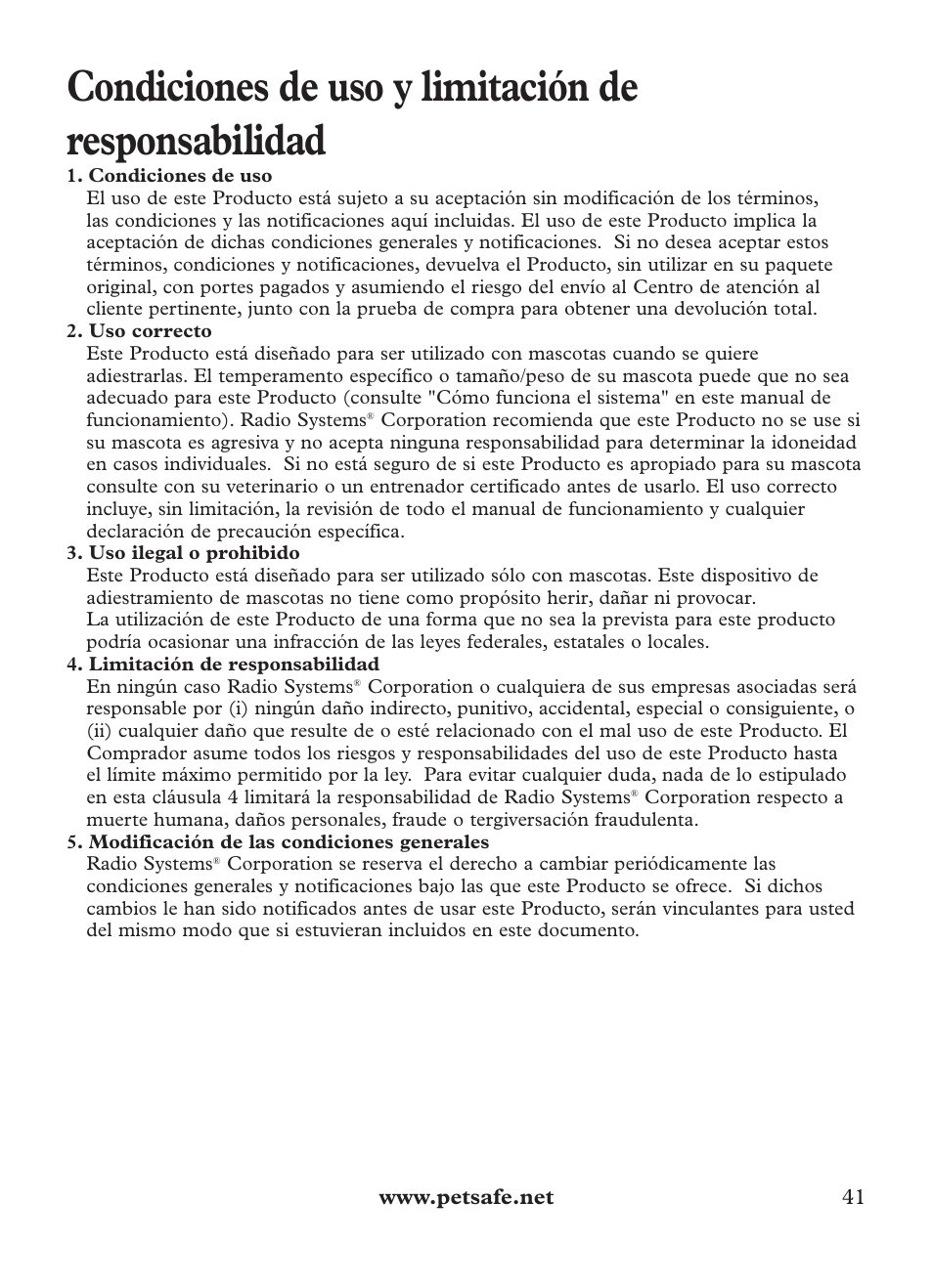 Condiciones de uso y limitación de responsabilidad | Petsafe Outdoor Bark Control User Manual | Page 41 / 72