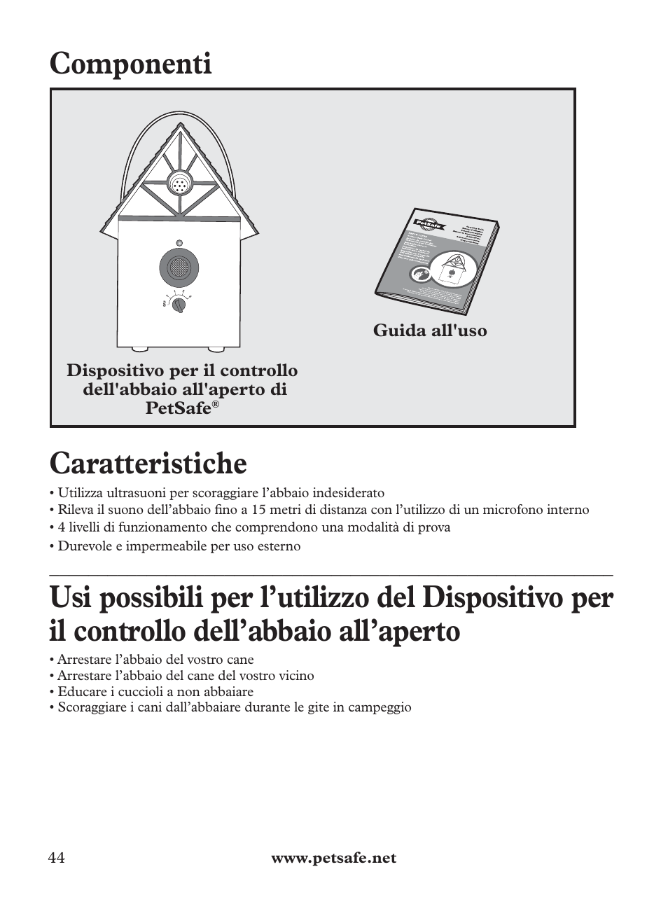 Componenti, Caratteristiche | Petsafe Outdoor Bark Control User Manual | Page 44 / 72