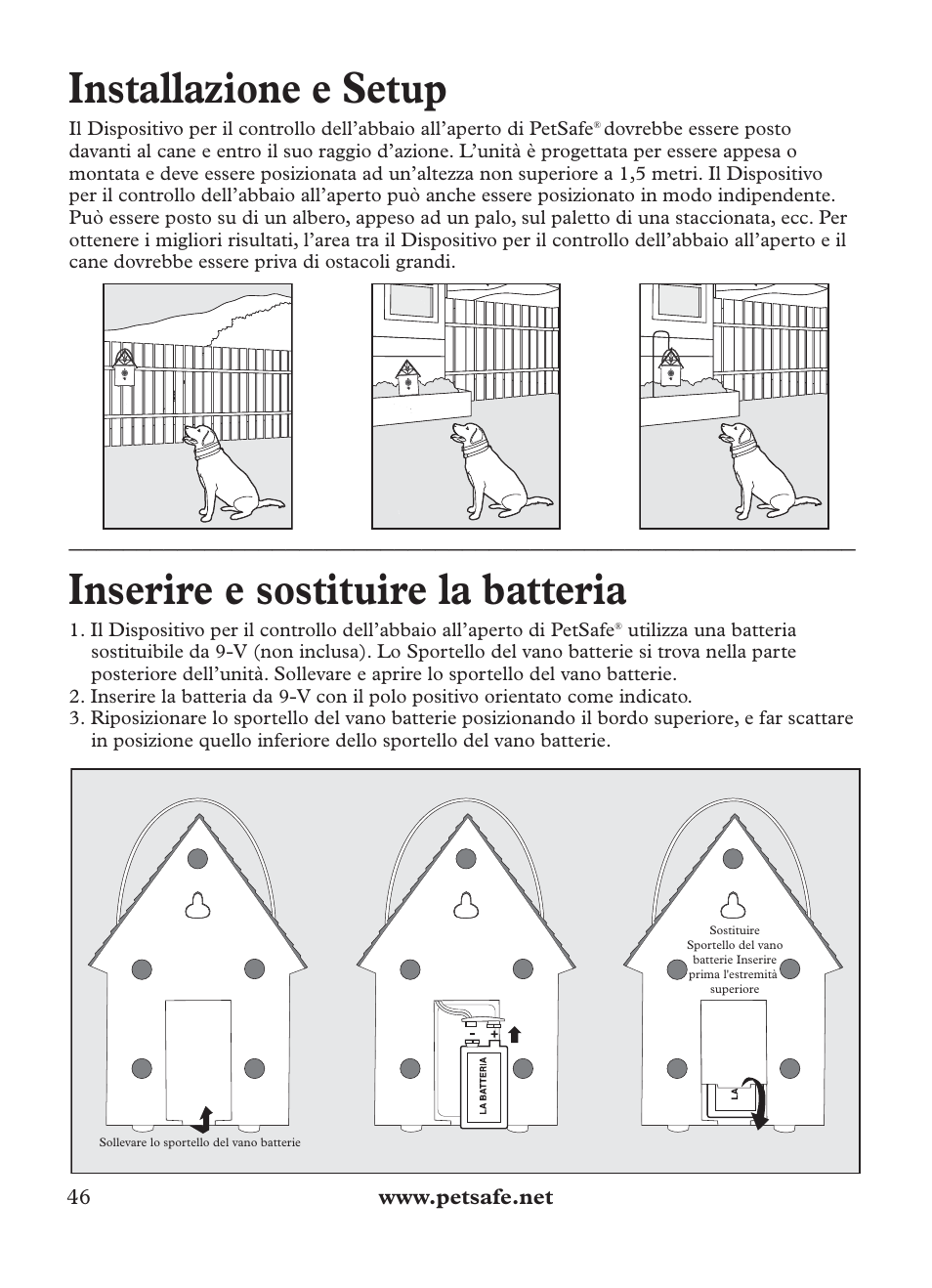 Installazione e setup, Inserire e sostituire la batteria | Petsafe Outdoor Bark Control User Manual | Page 46 / 72