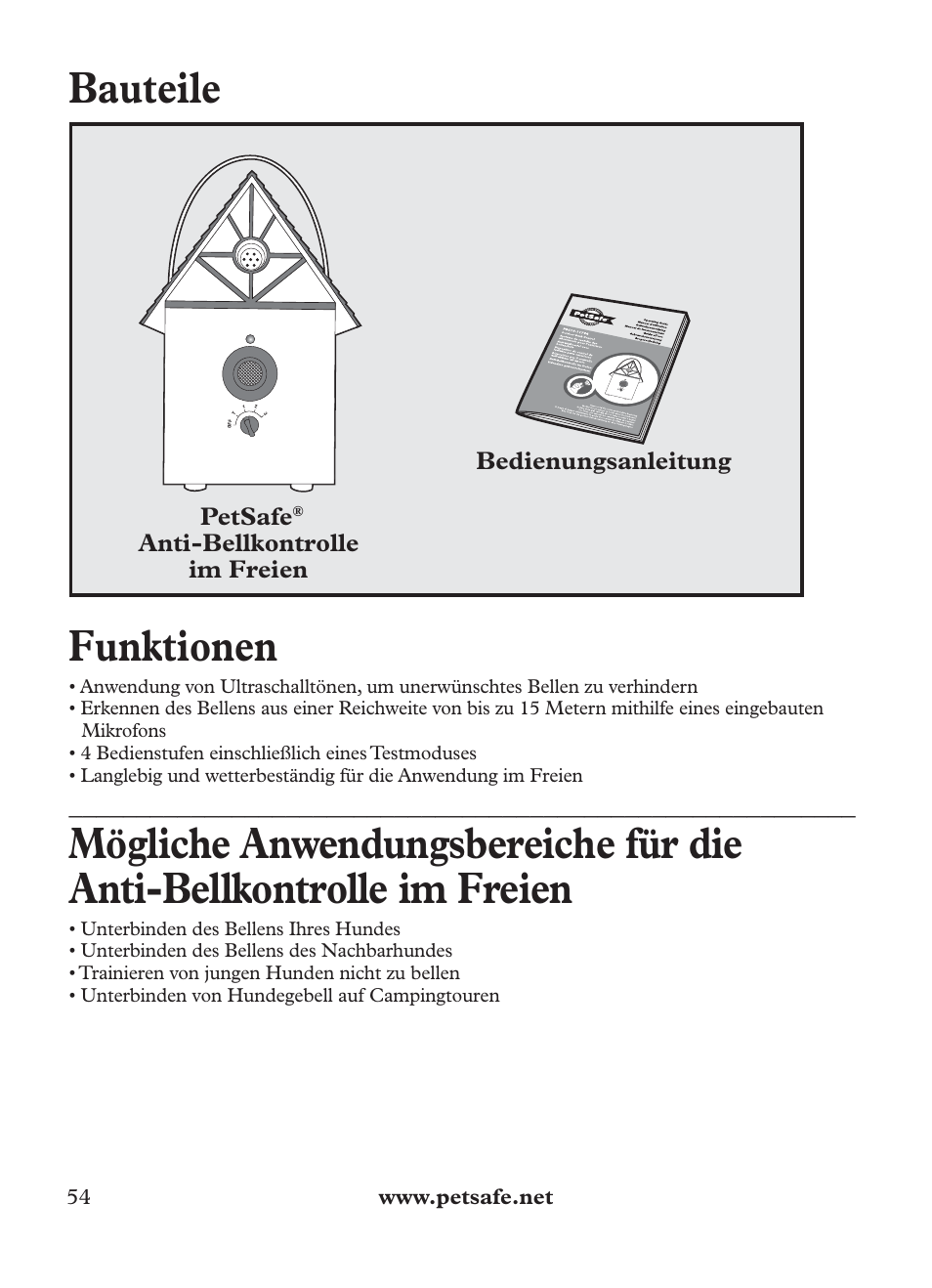 Bauteile, Funktionen, Bedienungsanleitung petsafe | Anti-bellkontrolle im freien | Petsafe Outdoor Bark Control User Manual | Page 54 / 72