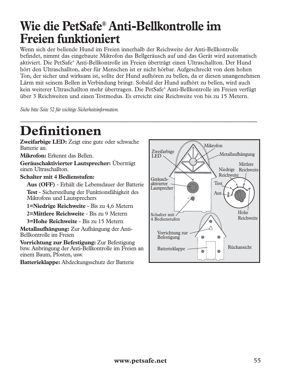 Wie die petsafe, Anti-bellkontrolle im freien funktioniert, Defi nitionen | Petsafe Outdoor Bark Control User Manual | Page 55 / 72