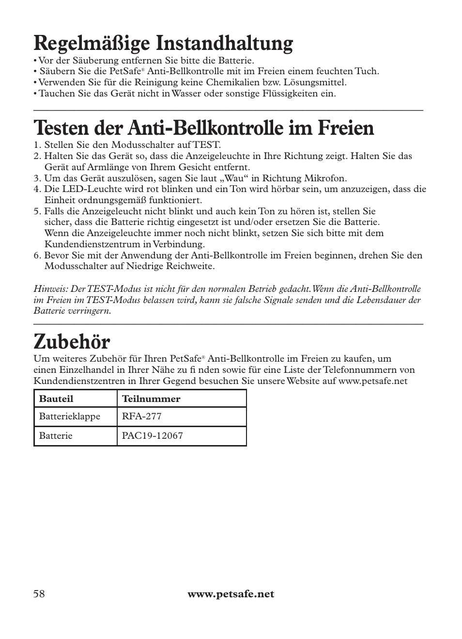 Regelmäßige instandhaltung, Testen der anti-bellkontrolle im freien, Zubehör | Petsafe Outdoor Bark Control User Manual | Page 58 / 72