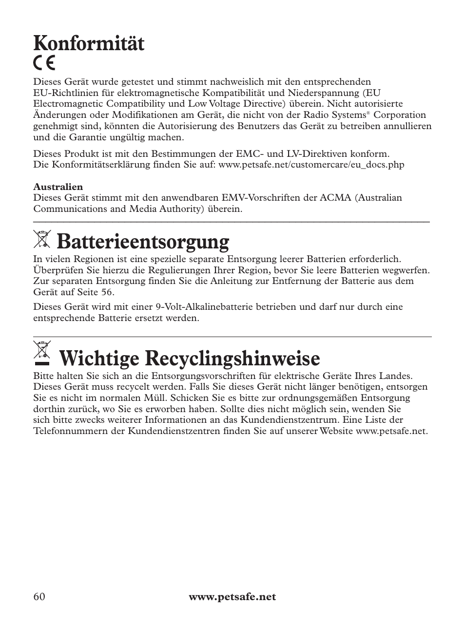 Konformität, Batterieentsorgung, Wichtige recyclingshinweise | Petsafe Outdoor Bark Control User Manual | Page 60 / 72