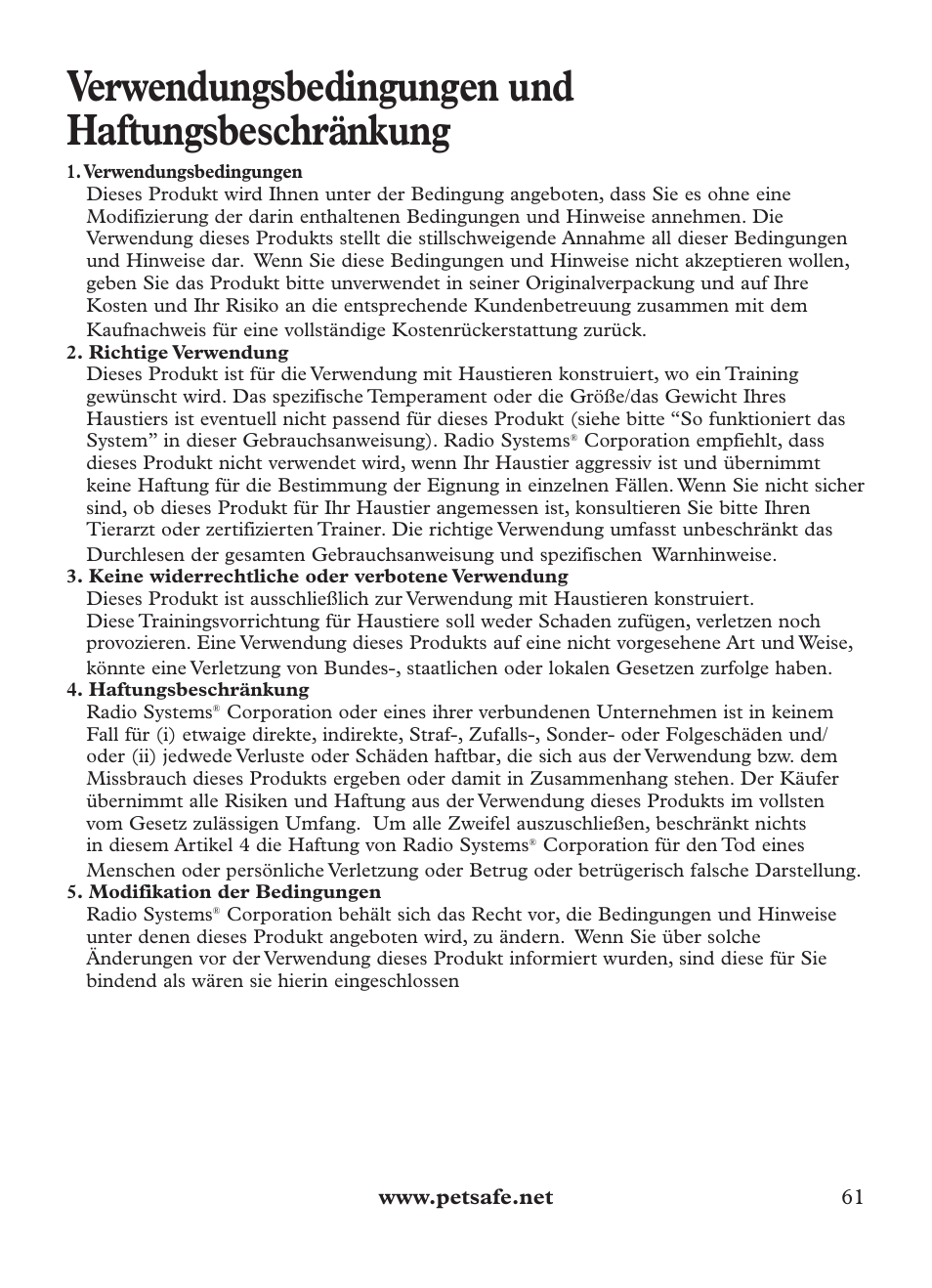 Verwendungsbedingungen und haftungsbeschränkung | Petsafe Outdoor Bark Control User Manual | Page 61 / 72