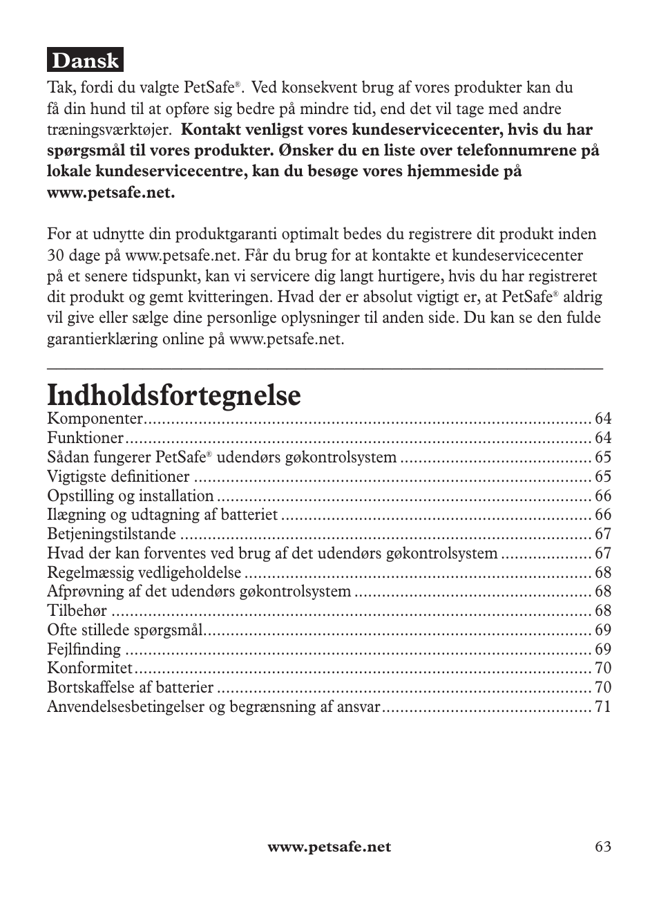 Indholdsfortegnelse, Dansk | Petsafe Outdoor Bark Control User Manual | Page 63 / 72