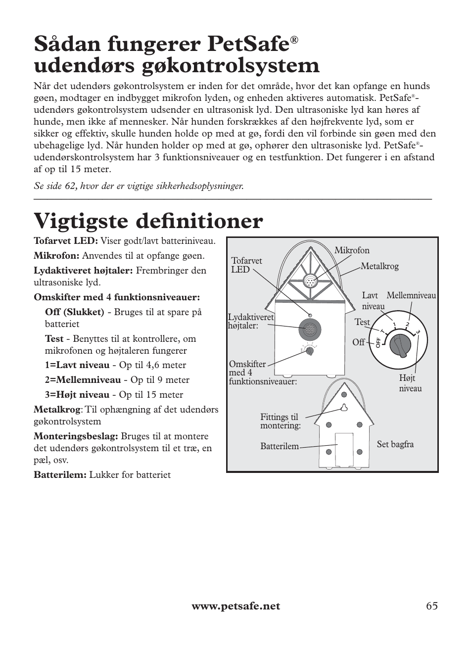 Sådan fungerer petsafe, Udendørs gøkontrolsystem, Vigtigste defi nitioner | Petsafe Outdoor Bark Control User Manual | Page 65 / 72