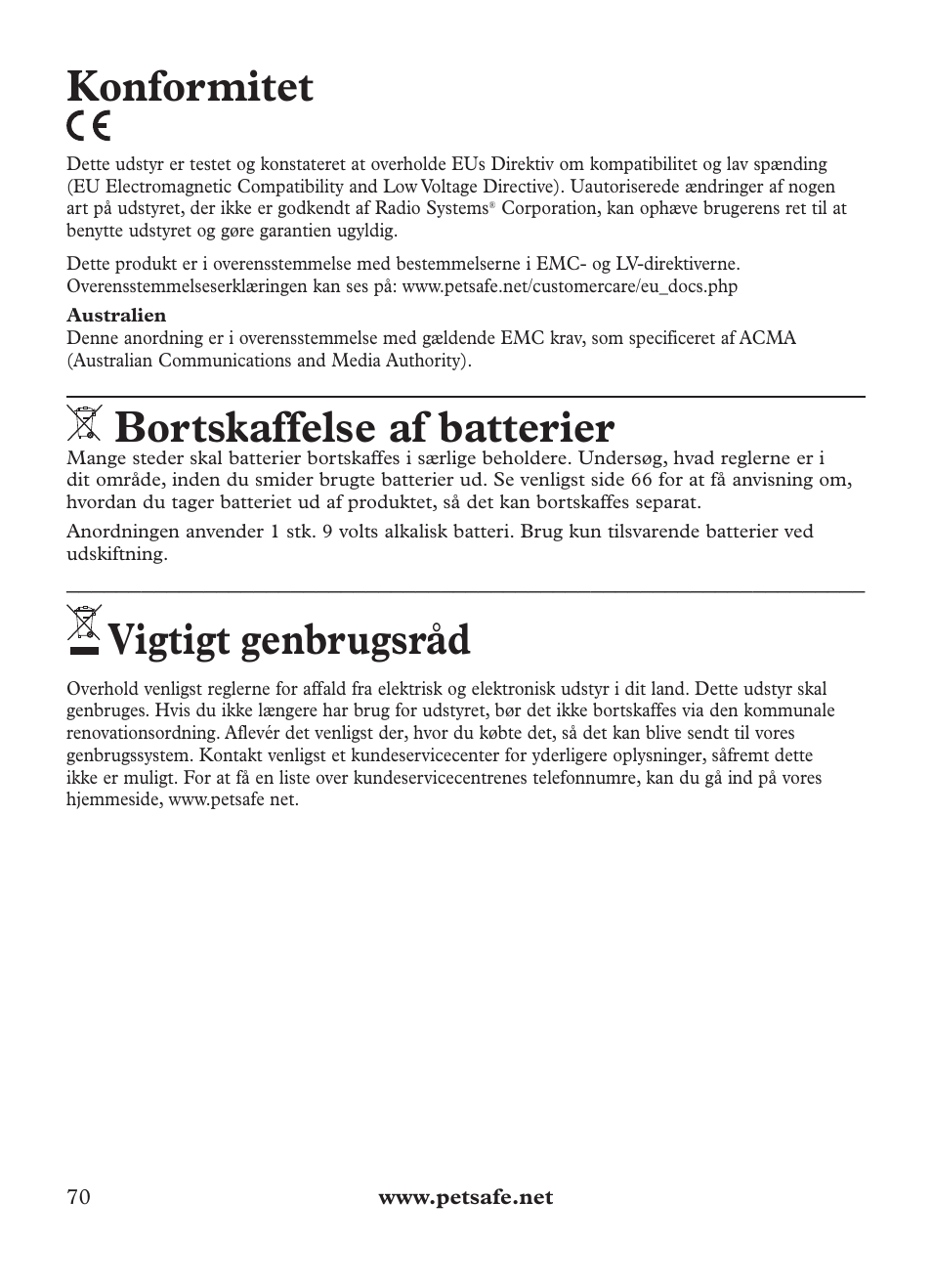 Konformitet, Bortskaffelse af batterier, Vigtigt genbrugsråd | Petsafe Outdoor Bark Control User Manual | Page 70 / 72