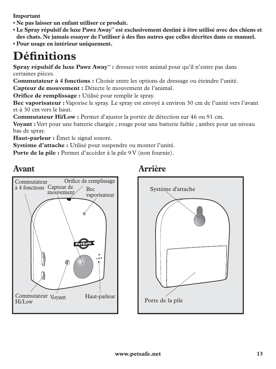 Défi nitions, Avant arrière | Petsafe Pawz Away Deluxe Spray Deterrent User Manual | Page 13 / 68
