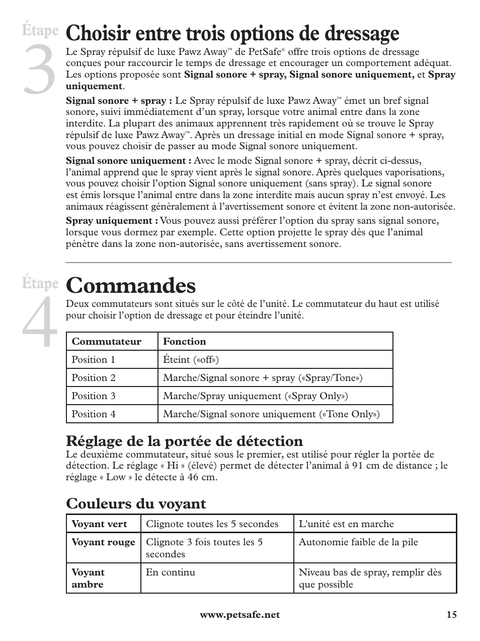 Choisir entre trois options de dressage, Commandes, Étape | Réglage de la portée de détection, Couleurs du voyant | Petsafe Pawz Away Deluxe Spray Deterrent User Manual | Page 15 / 68