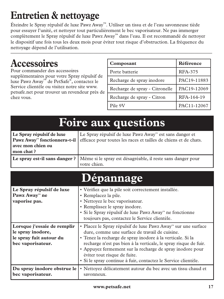 Foire aux questions, Dépannage, Entretien & nettoyage | Accessoires | Petsafe Pawz Away Deluxe Spray Deterrent User Manual | Page 17 / 68