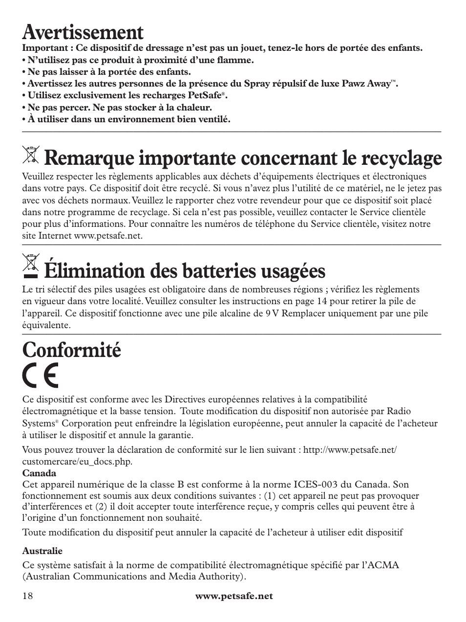 Avertissement, Remarque importante concernant le recyclage, Élimination des batteries usagées | Conformité | Petsafe Pawz Away Deluxe Spray Deterrent User Manual | Page 18 / 68