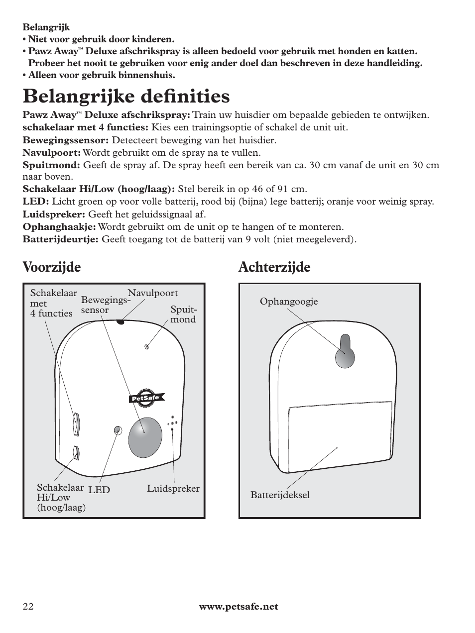 Belangrijke defi nities, Voorzijde, Achterzijde | Petsafe Pawz Away Deluxe Spray Deterrent User Manual | Page 22 / 68