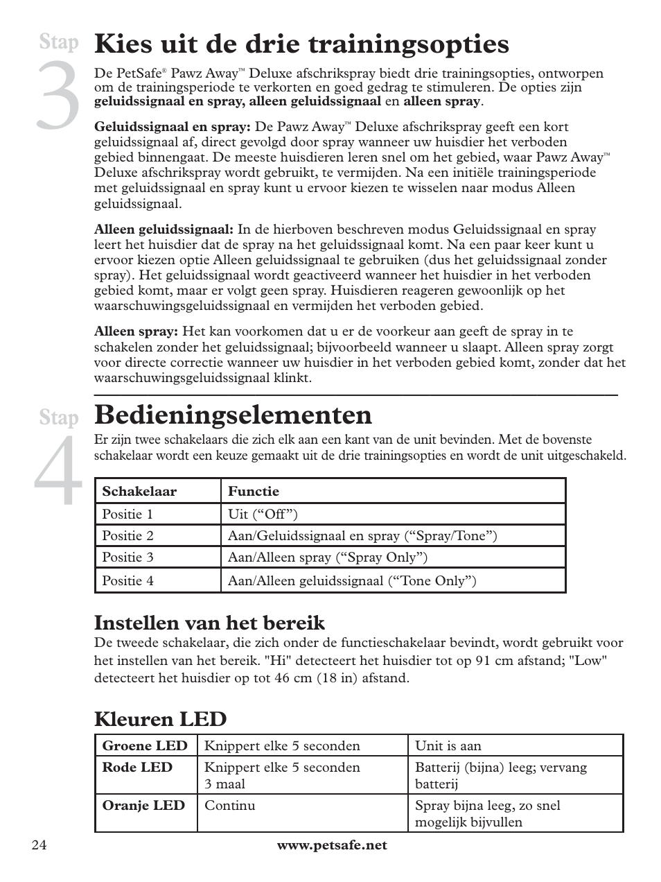 Kies uit de drie trainingsopties, Bedieningselementen, Stap | Instellen van het bereik, Kleuren led | Petsafe Pawz Away Deluxe Spray Deterrent User Manual | Page 24 / 68