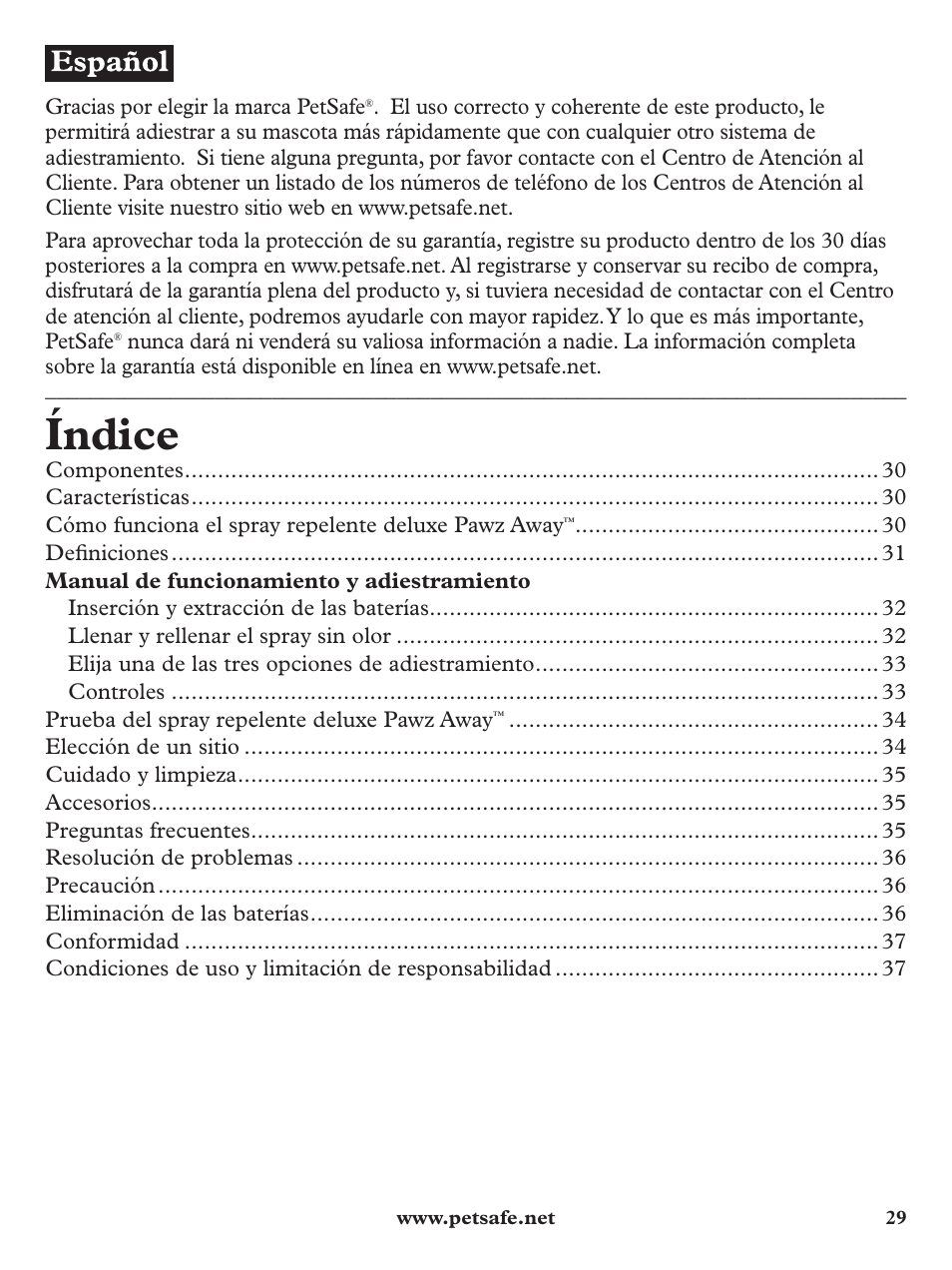 Índice | Petsafe Pawz Away Deluxe Spray Deterrent User Manual | Page 29 / 68