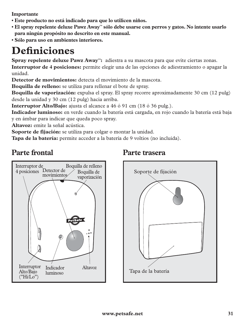 Defi niciones, Parte frontal, Parte trasera | Petsafe Pawz Away Deluxe Spray Deterrent User Manual | Page 31 / 68