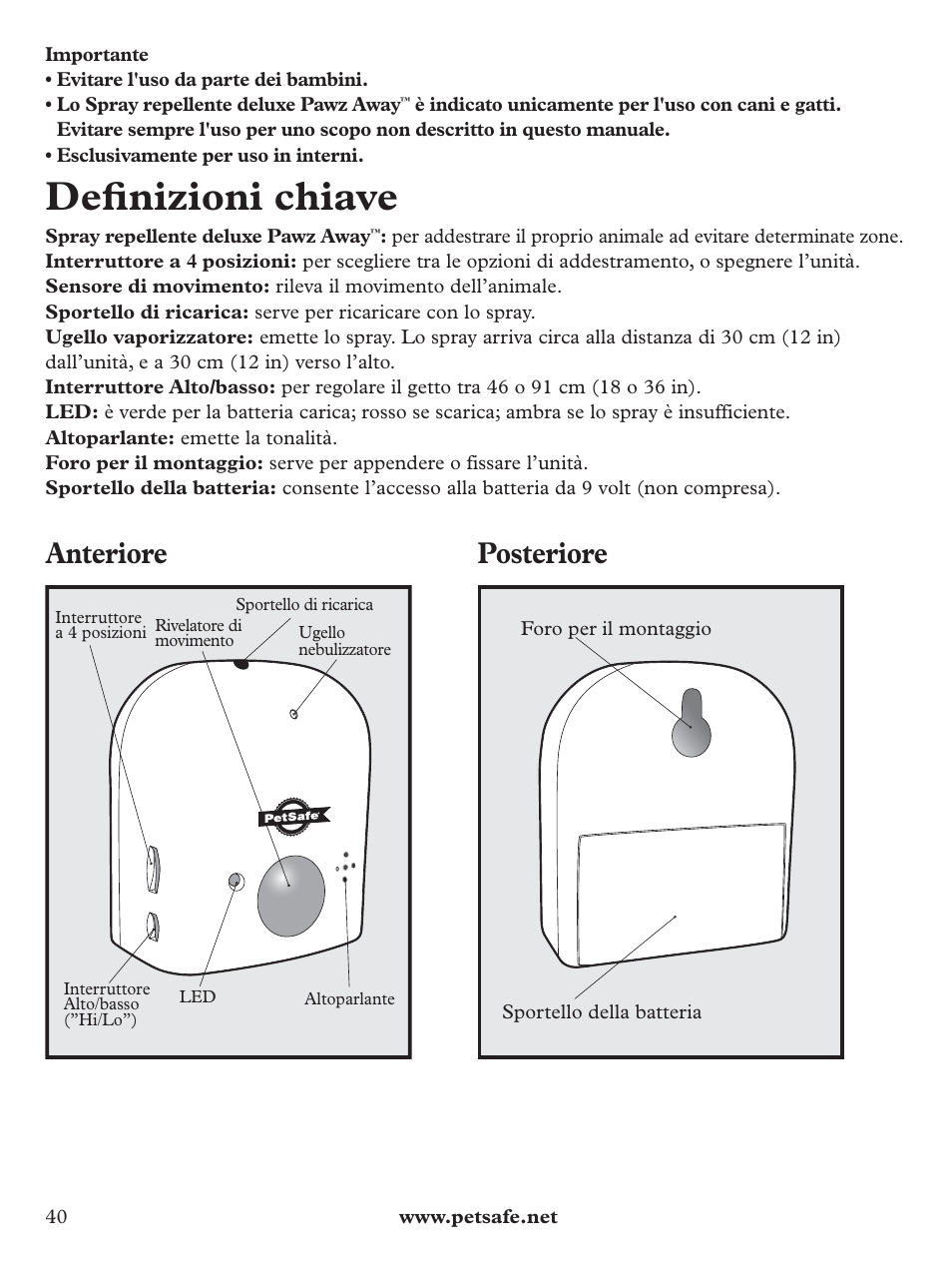 Defi nizioni chiave, Anteriore, Posteriore | Petsafe Pawz Away Deluxe Spray Deterrent User Manual | Page 40 / 68
