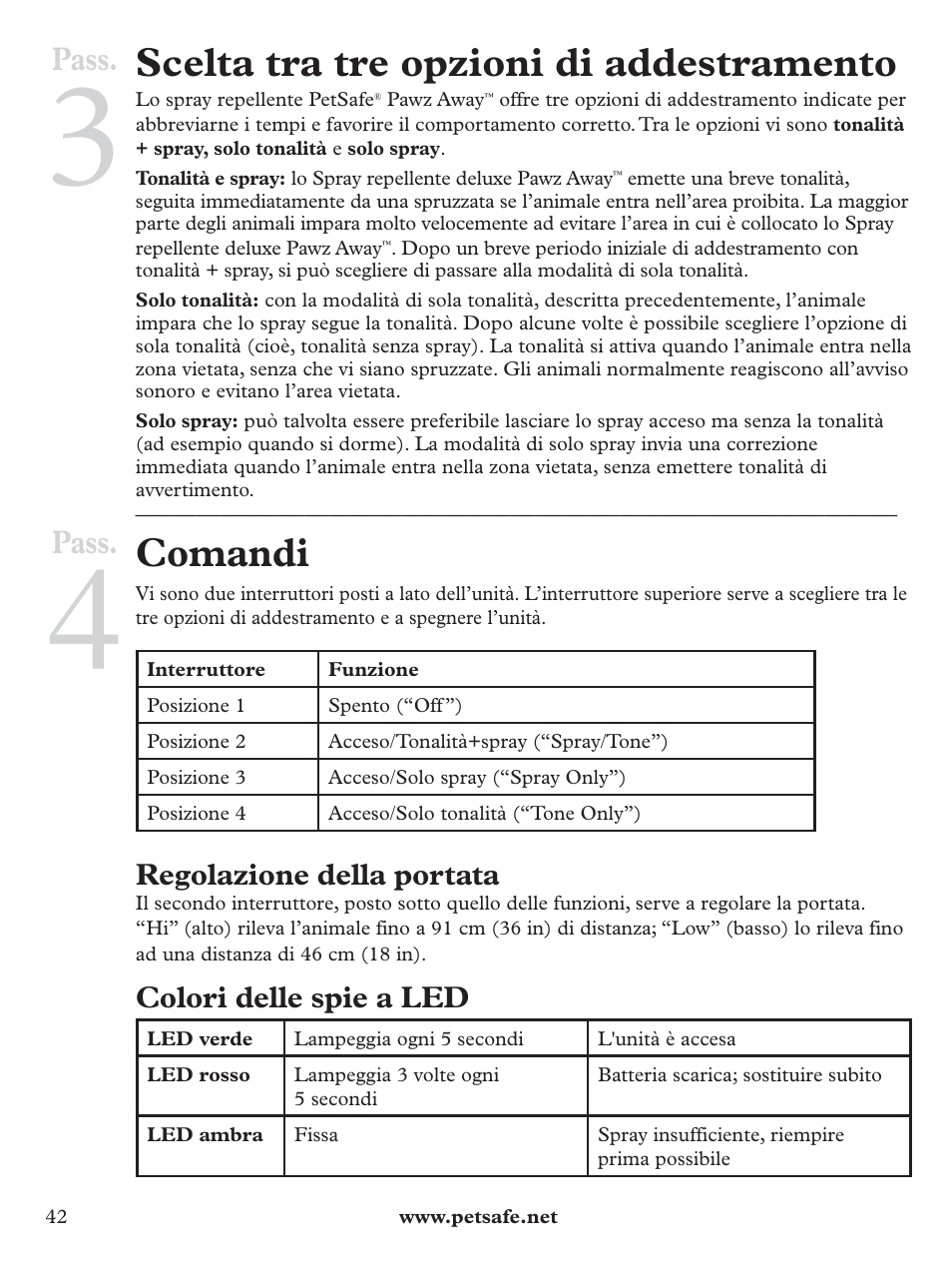 Scelta tra tre opzioni di addestramento, Comandi, Pass | Regolazione della portata, Colori delle spie a led | Petsafe Pawz Away Deluxe Spray Deterrent User Manual | Page 42 / 68