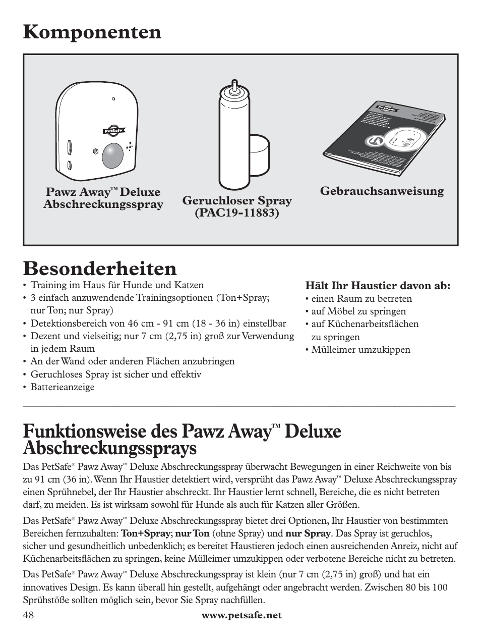 Komponenten, Besonderheiten, Funktionsweise des pawz away | Deluxe abschreckungssprays | Petsafe Pawz Away Deluxe Spray Deterrent User Manual | Page 48 / 68