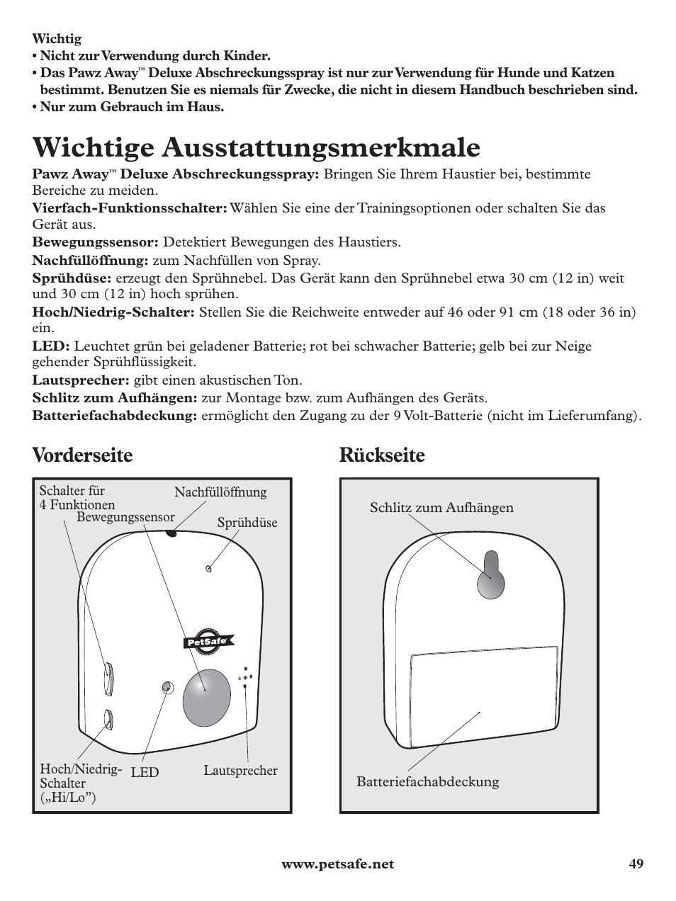 Wichtige ausstattungsmerkmale, Vorderseite, Rückseite | Petsafe Pawz Away Deluxe Spray Deterrent User Manual | Page 49 / 68