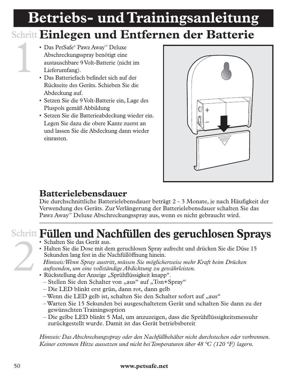 Betriebs- und trainingsanleitung, Einlegen und entfernen der batterie, Füllen und nachfüllen des geruchlosen sprays | Petsafe Pawz Away Deluxe Spray Deterrent User Manual | Page 50 / 68