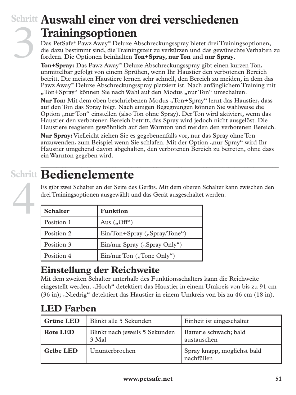 Bedienelemente, Schritt, Einstellung der reichweite | Led farben | Petsafe Pawz Away Deluxe Spray Deterrent User Manual | Page 51 / 68