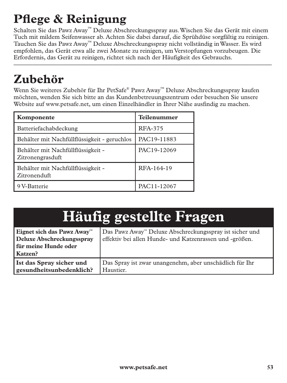 Häufig gestellte fragen, Pfl ege & reinigung, Zubehör | Petsafe Pawz Away Deluxe Spray Deterrent User Manual | Page 53 / 68