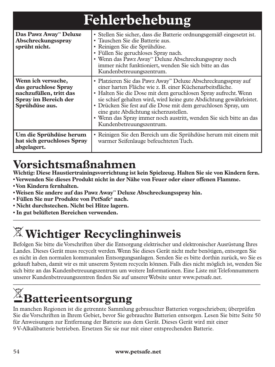 Fehlerbehebung, Vorsichtsmaßnahmen, Wichtiger recyclinghinweis | Batterieentsorgung | Petsafe Pawz Away Deluxe Spray Deterrent User Manual | Page 54 / 68