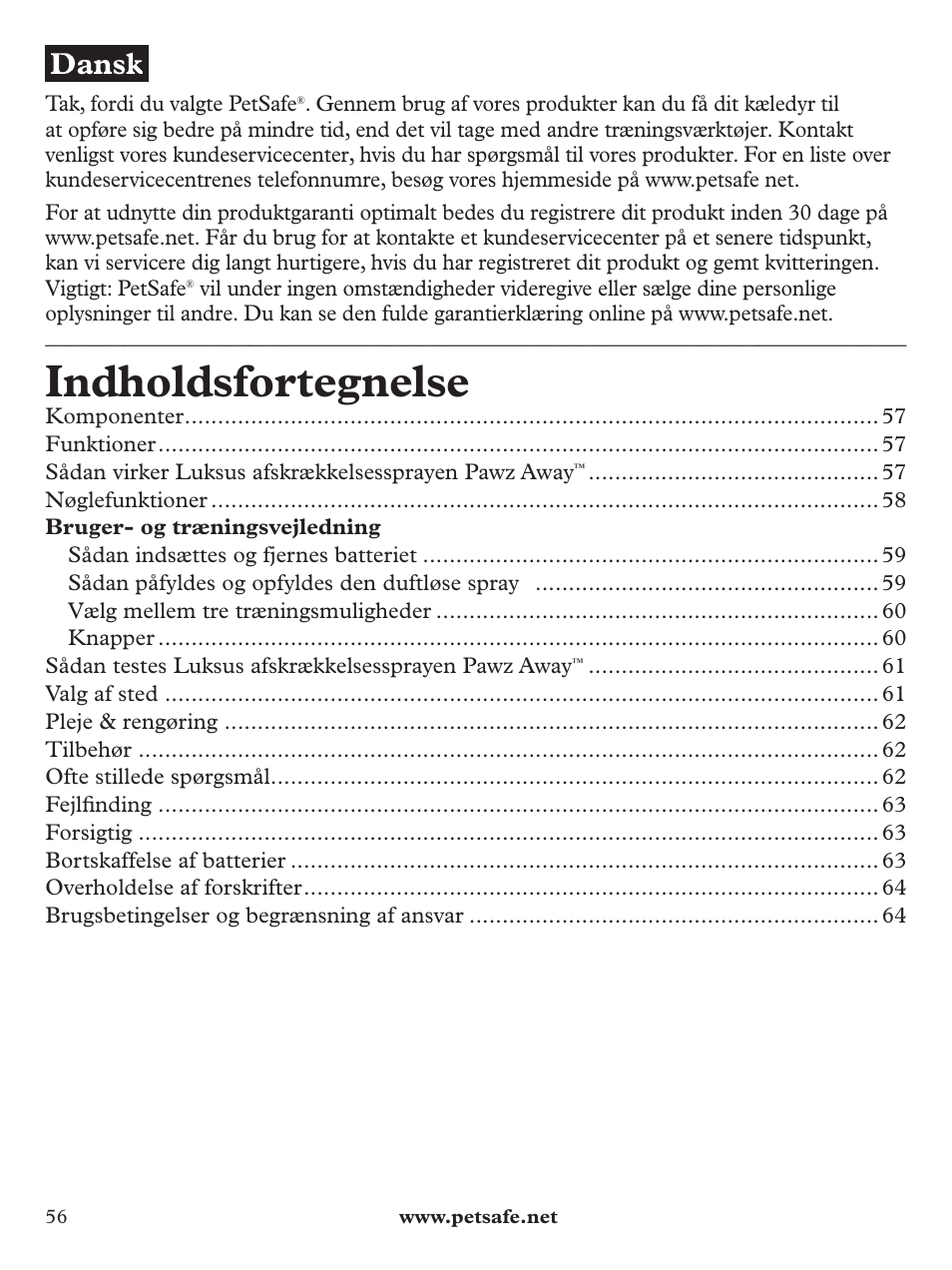 Indholdsfortegnelse | Petsafe Pawz Away Deluxe Spray Deterrent User Manual | Page 56 / 68