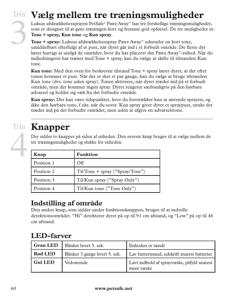 Vælg mellem tre træningsmuligheder, Knapper, Trin | Indstilling af område, Led-farver | Petsafe Pawz Away Deluxe Spray Deterrent User Manual | Page 60 / 68