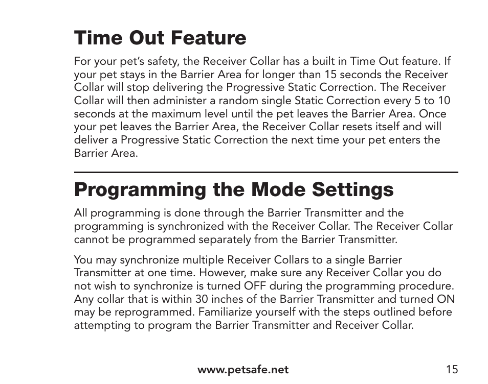 Time out feature, Programming the mode settings | Petsafe Pawz Away® Extra Mini Pet Barrier User Manual | Page 15 / 28