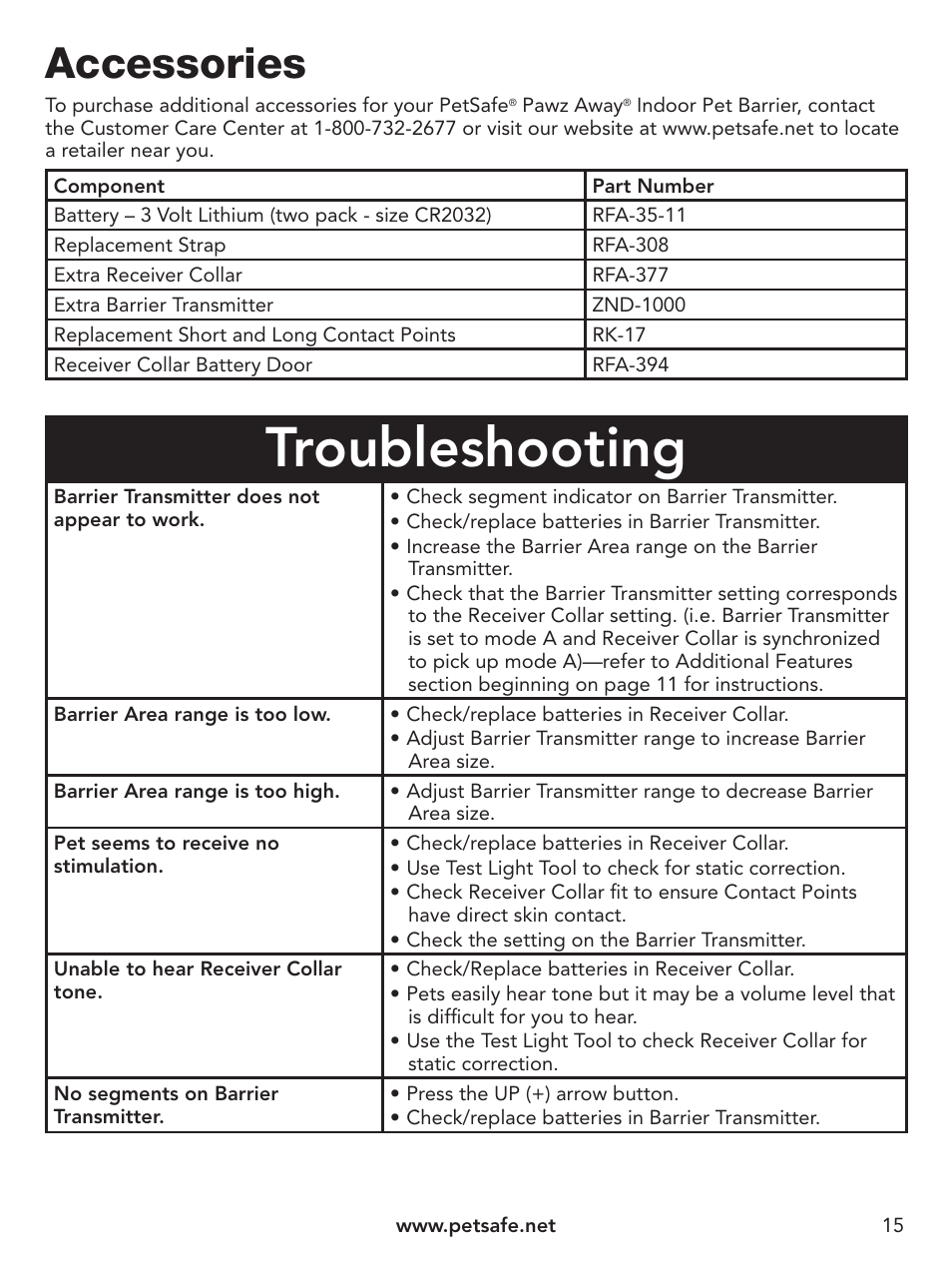Troubleshooting, Accessories | Petsafe Pawz Away® Indoor Pet Barrier User Manual | Page 15 / 20
