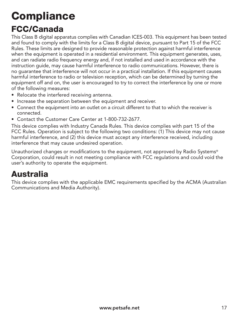 Compliance, Fcc/canada, Australia | Petsafe Pawz Away® Indoor Pet Barrier User Manual | Page 17 / 20