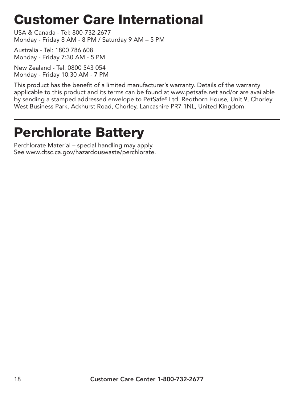 Customer care international, Perchlorate battery | Petsafe Pawz Away® Indoor Pet Barrier User Manual | Page 18 / 20
