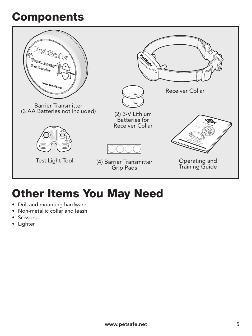 Components, Other items you may need | Petsafe Pawz Away® Indoor Pet Barrier User Manual | Page 5 / 20