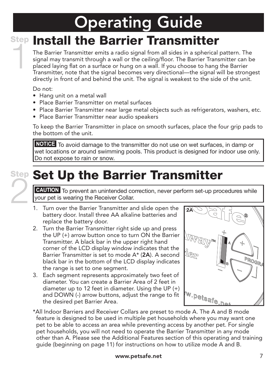 Operating guide, Install the barrier transmitter, Set up the barrier transmitter | Petsafe Pawz Away® Indoor Pet Barrier User Manual | Page 7 / 20