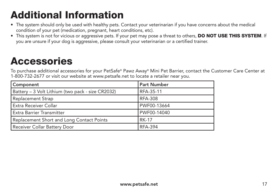 Additional information, Accessories | Petsafe Pawz Away® Mini Pet Barrier User Manual | Page 17 / 24