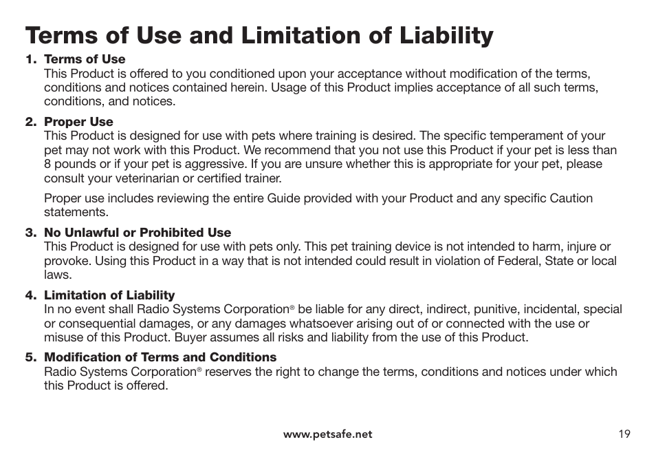 Terms of use and limitation of liability | Petsafe Pawz Away® Mini Pet Barrier User Manual | Page 19 / 24