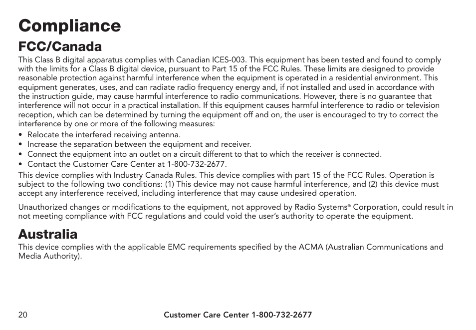 Compliance, Fcc/canada, Australia | Petsafe Pawz Away® Mini Pet Barrier User Manual | Page 20 / 24