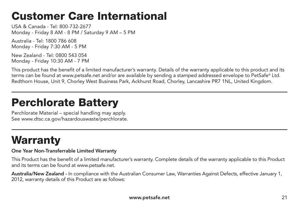 Customer care international, Perchlorate battery, Warranty | Petsafe Pawz Away® Mini Pet Barrier User Manual | Page 21 / 24