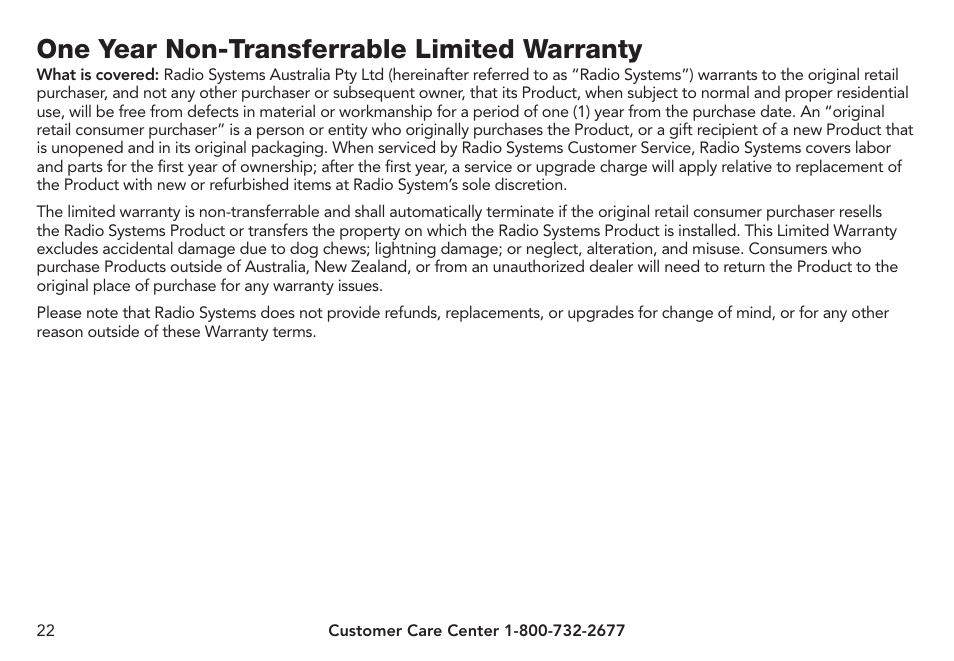 One year non-transferrable limited warranty | Petsafe Pawz Away® Mini Pet Barrier User Manual | Page 22 / 24