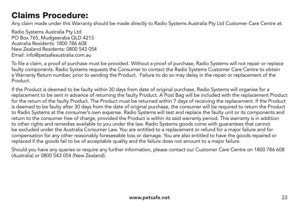 Claims procedure | Petsafe Pawz Away® Mini Pet Barrier User Manual | Page 23 / 24