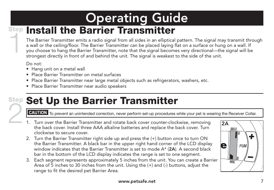 Operating guide, Install the barrier transmitter, Set up the barrier transmitter | Petsafe Pawz Away® Mini Pet Barrier User Manual | Page 7 / 24