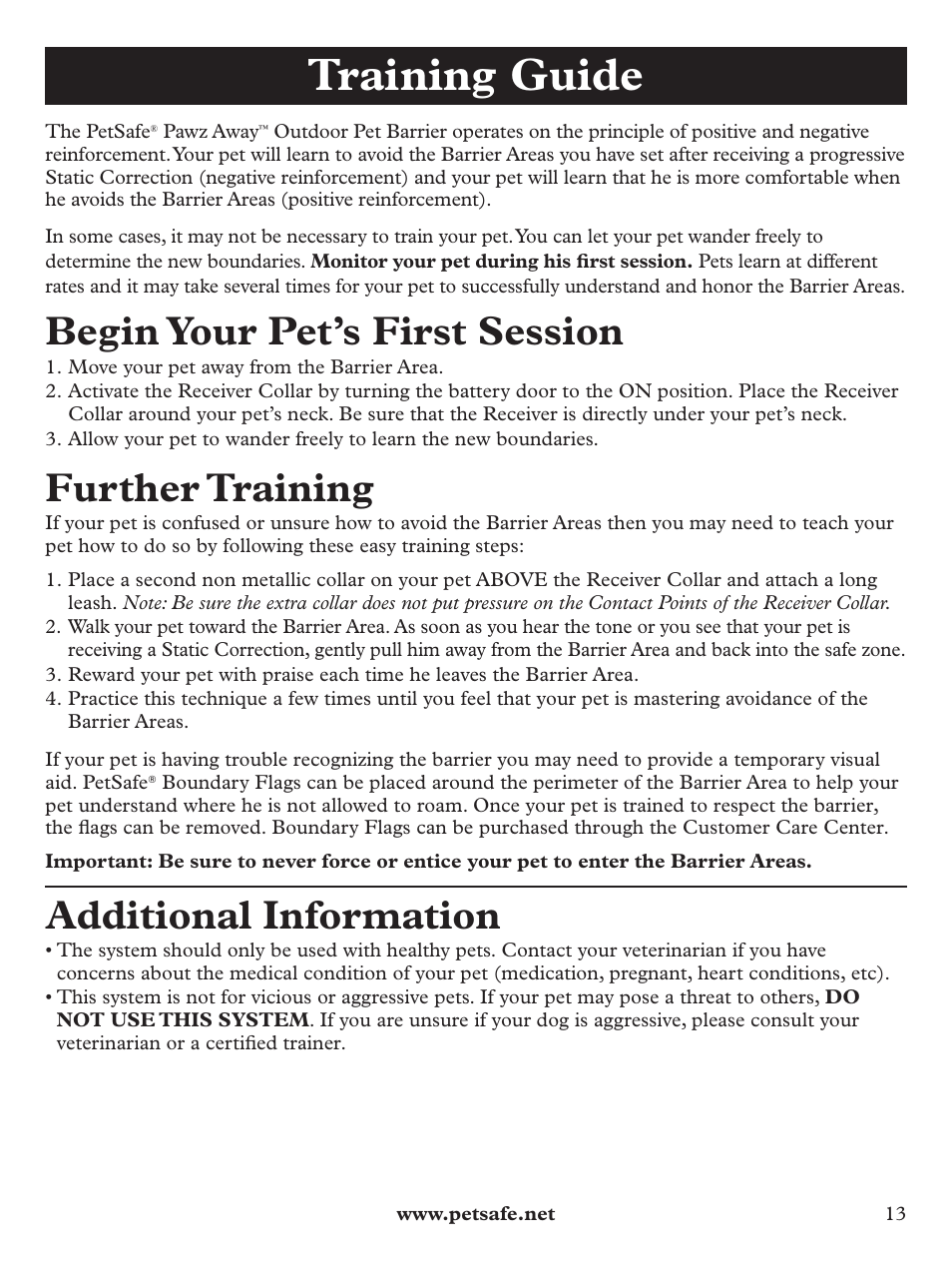 Training guide, Begin your pet’s first session, Further training | Additional information | Petsafe Pawz Away® Outdoor Pet Barrier User Manual | Page 13 / 20