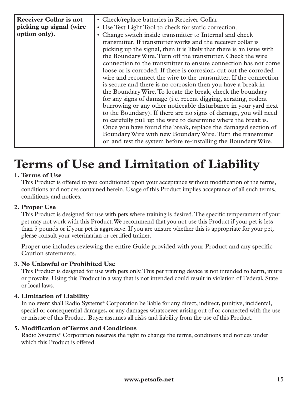 Terms of use and limitation of liability | Petsafe Pawz Away® Outdoor Pet Barrier User Manual | Page 15 / 20