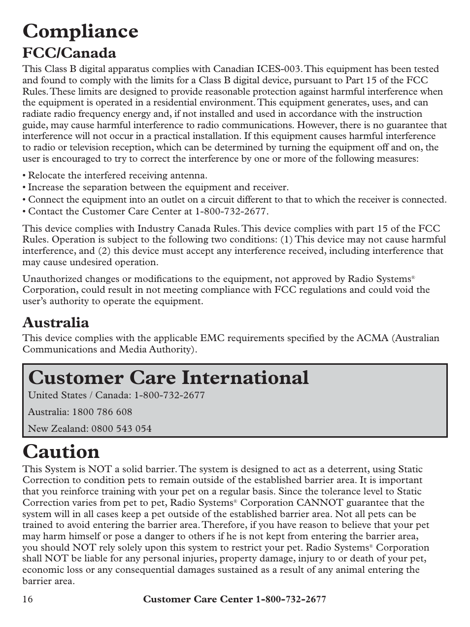 Compliance, Customer care international, Caution | Fcc/canada, Australia | Petsafe Pawz Away® Outdoor Pet Barrier User Manual | Page 16 / 20