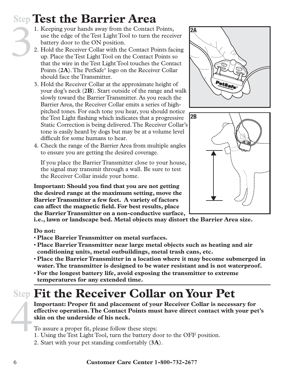 Test the barrier area, Fit the receiver collar on your pet, Step | Petsafe Pawz Away® Outdoor Pet Barrier User Manual | Page 6 / 20
