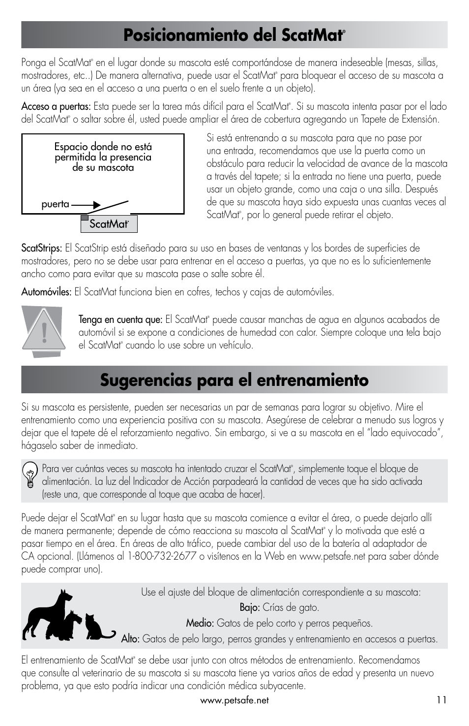 Posicionamiento del scatmat, Sugerencias para el entrenamiento | Petsafe ScatMat® Automatic Indoor Pet Training User Manual | Page 11 / 16